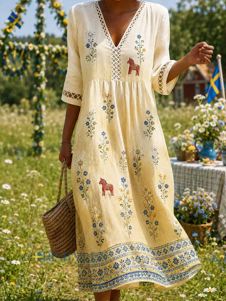 Kvinnlig midsommarklänning med blommönster för vardagsbruk - A / S