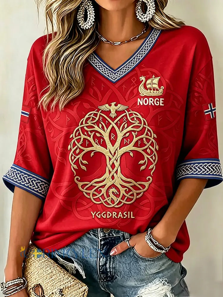 Kvinnlig norsk viking Livets träd keltiskt mönster halvlånga ärmarna V-ringning T-shirt - röd / S