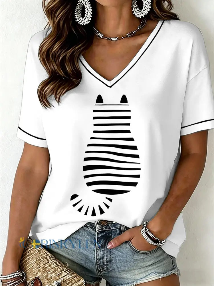 Kvinnlig rolig katt T-shirt med V-ringning - vitt / S