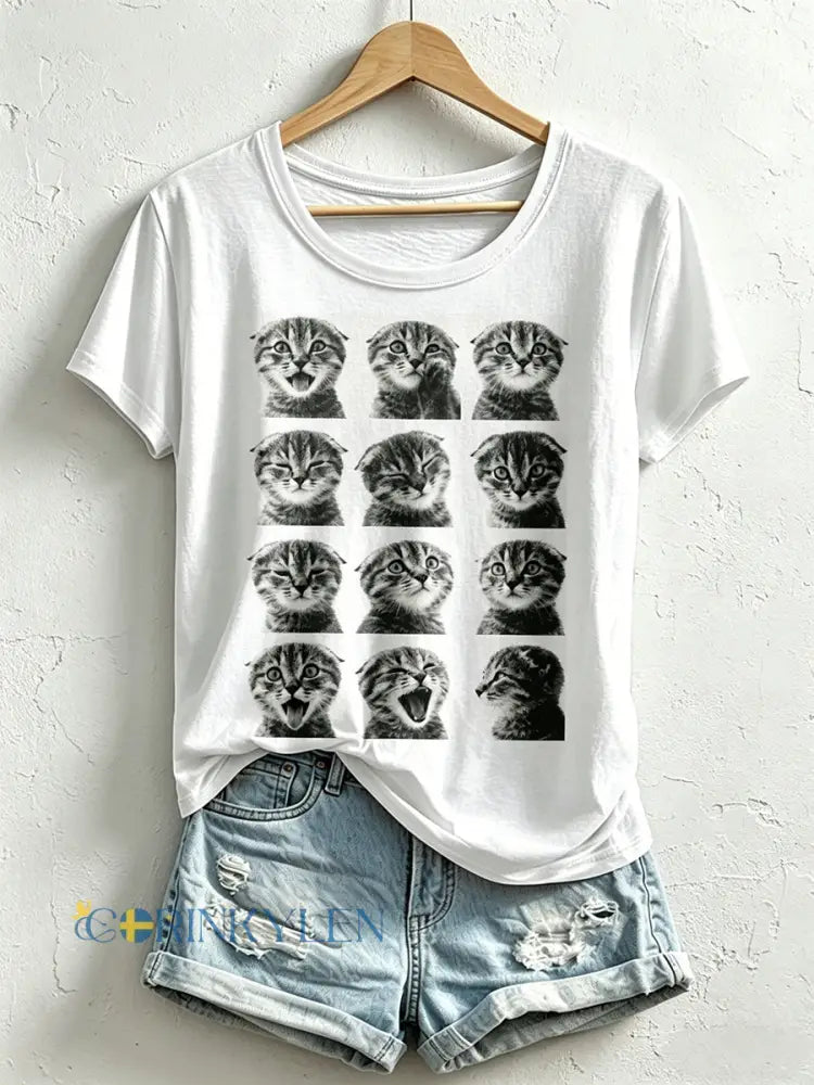 Kvinnlig rolig t-shirt med kattmönster - vitt / S