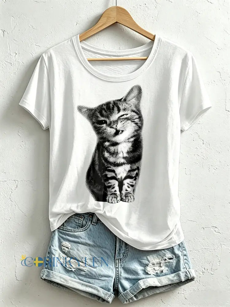 Kvinnlig rolig t-shirt med kattmönster - vitt / S