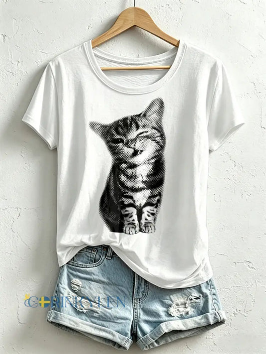 Kvinnlig rolig t-shirt med kattmönster - vitt / S