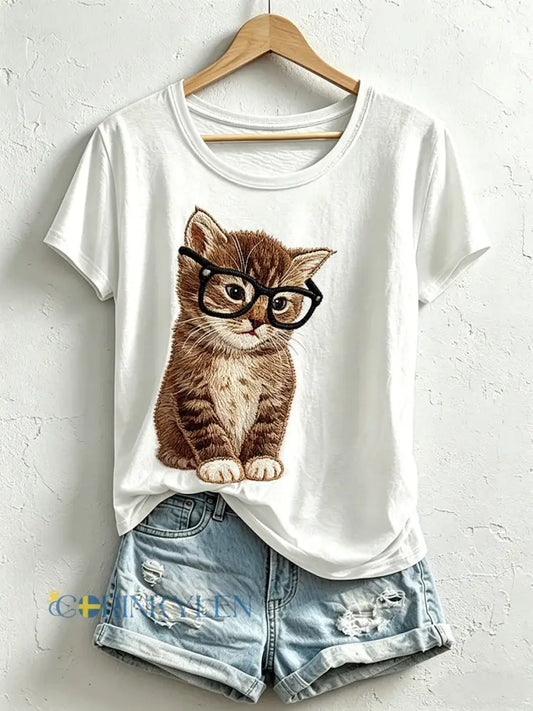 Kvinnlig rolig t-shirt med kattmönster - vitt / S