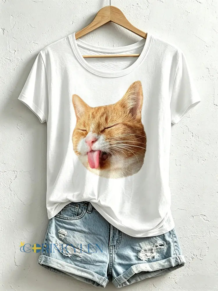 Kvinnlig rolig t-shirt med kattmönster - vitt / S