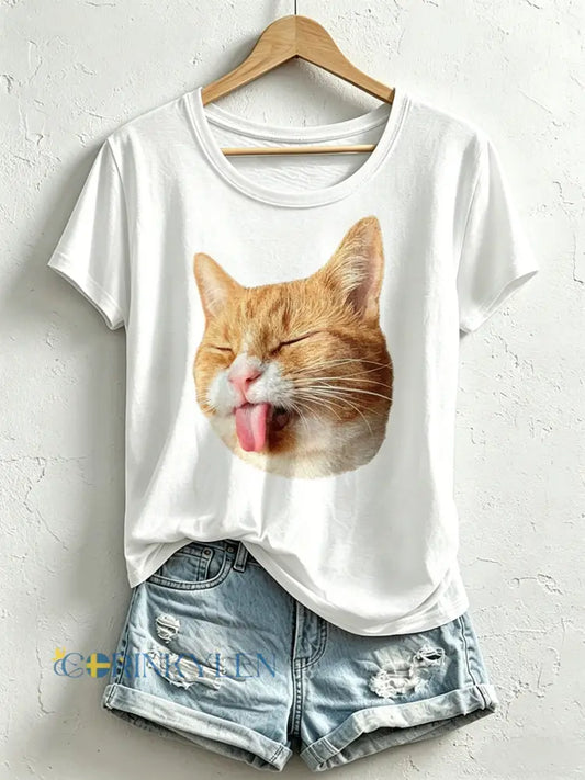 Kvinnlig rolig t-shirt med kattmönster - vitt / S