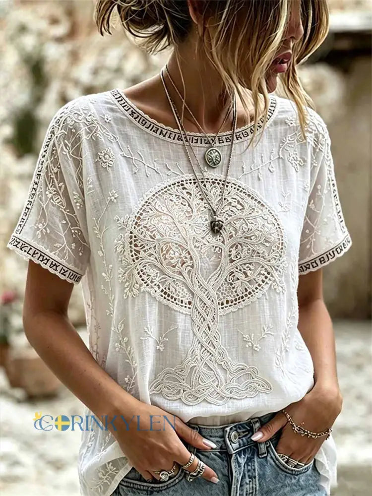 Kvinnlig romantisk blommig vikingart-print avslappnad t-shirt - som bild / S
