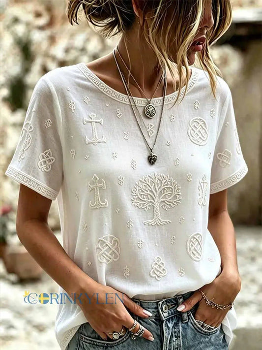 Kvinnlig romantisk blommig vikingart-print avslappnad t-shirt - som bild / S