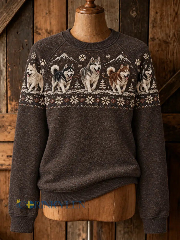 Kvinnlig söt sweatshirt med valpkonst och casual raglanärmar - mörk brun / S