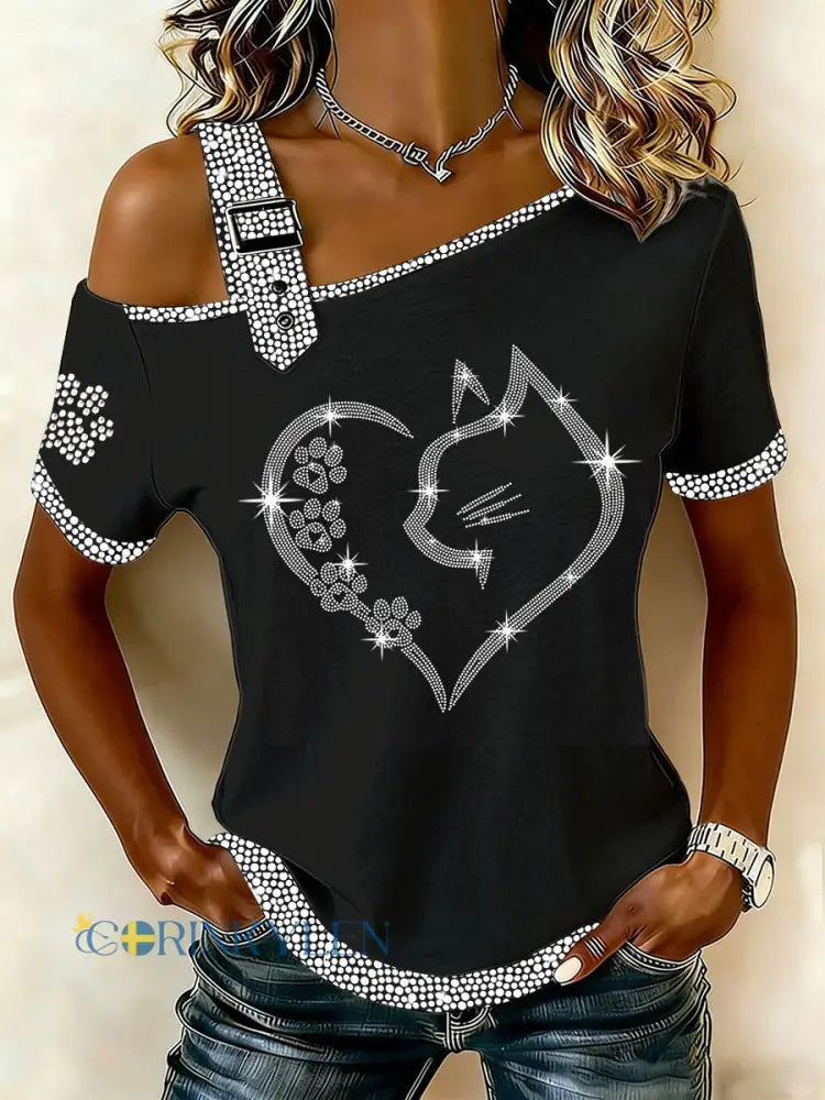 Kvinnlig t-shirt med kattmönster för vardagsbruk - svart / S