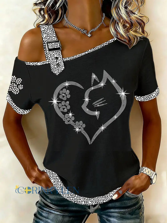 Kvinnlig t-shirt med kattmönster för vardagsbruk - svart / S