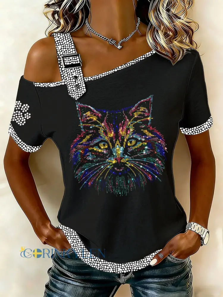 Kvinnlig t-shirt med kattmönster för vardagsbruk - svart / S