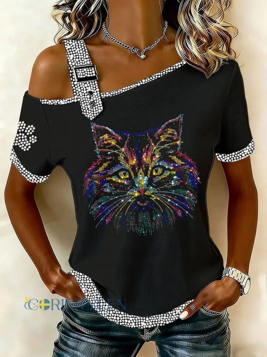 Kvinnlig t-shirt med kattmönster för vardagsbruk - svart / S