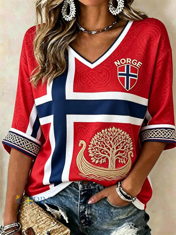 Kvinnlig t-shirt med nordisk vikingaskepp Livets träd och keltiskt knutmönster – flaggmönster halvlånga ärmar och