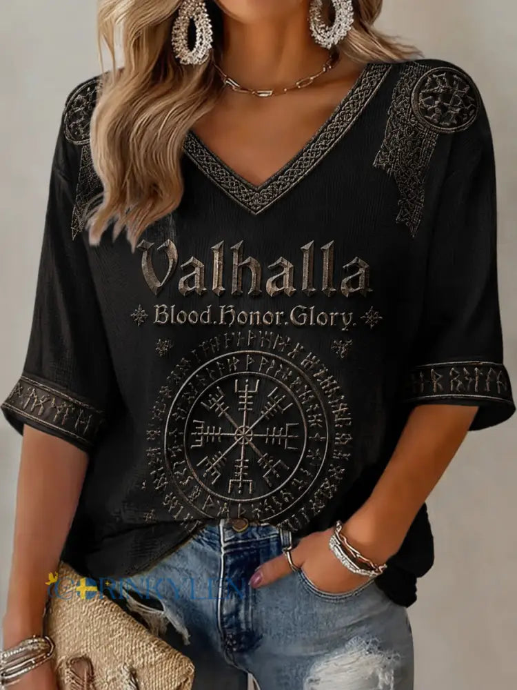 Kvinnlig Valhalla-print avslappnad t-shirt - som bild / S