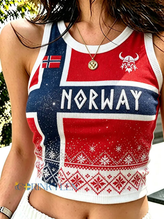 Kvinnlig vardagsväst med etniskt norskt mönster och flaggtryck - röd / S