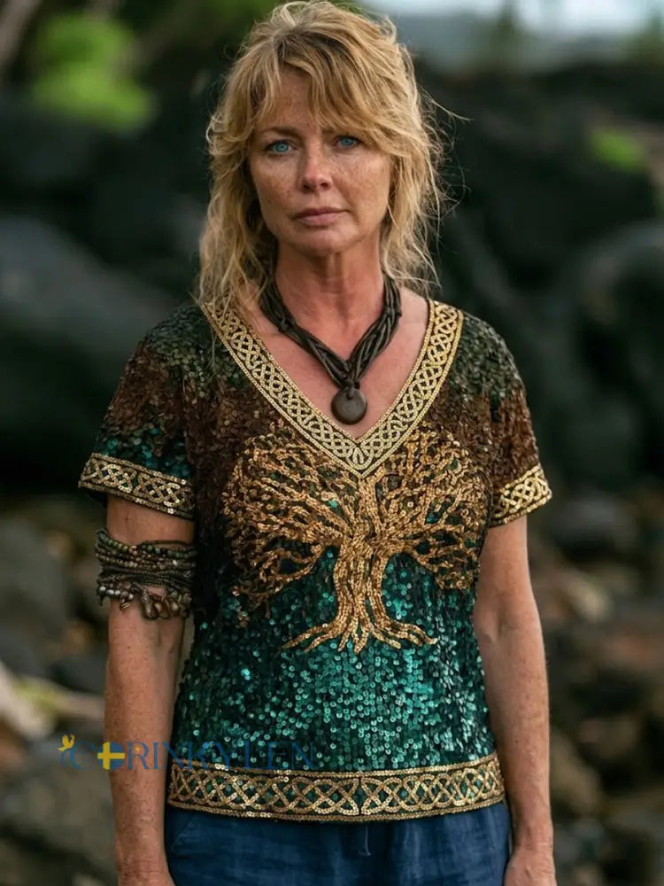 Kvinnlig vikingainspirerad glittertröja med livets träd och keltiskt mönster kortärmad t-shirt - grönt / S