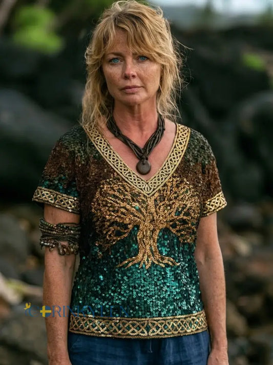 Kvinnlig vikingainspirerad glittertröja med livets träd och keltiskt mönster kortärmad t-shirt - grönt / S