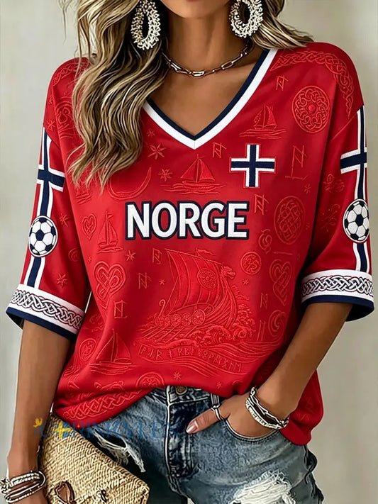 Kvinnlig vikingelement T-shirt med färgblockdesign avslappnad stil halvlånga ärmar och V-ringning - röd / S