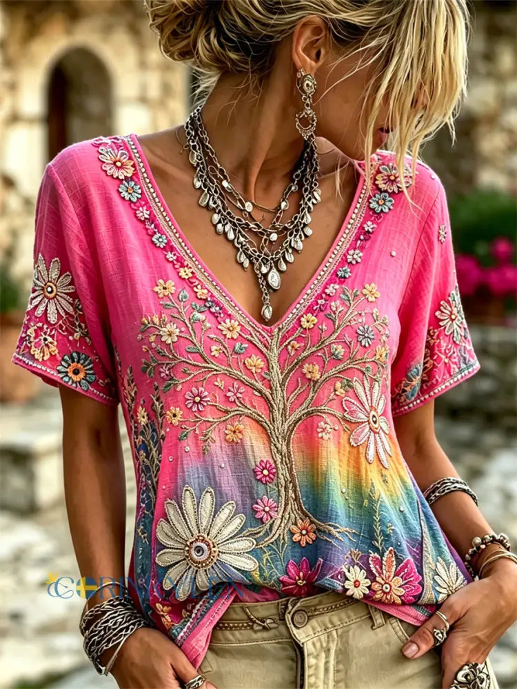 Kvinnlig vikingisk Livets Träd hippie-stil med blommönster linne-T-shirt i graderad färgskala och korta ärmar - som