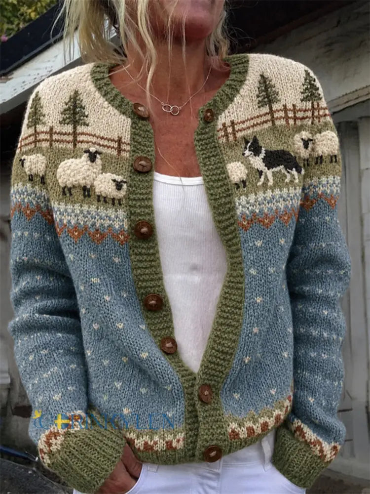 Kvinnlig vintage cardigan med bondeområde border collie och får ö-mönster mysig stil - blå / S