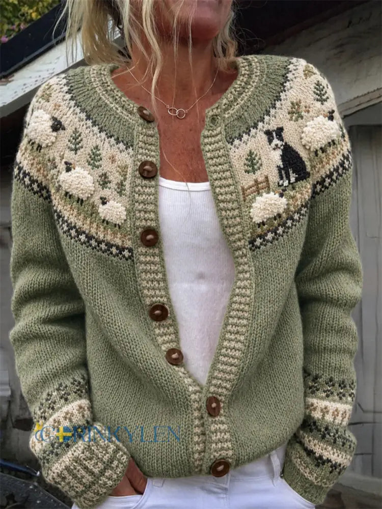 Kvinnlig vintage cardigan med bondeområde border collie och får ö-mönster mysig stil - grönt / S