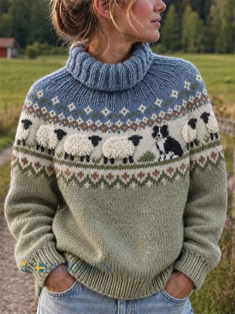 Kvinnlig vintage-halströja med Isle-mönster med border collie och luddiga får - grönt / S