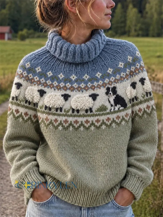 Kvinnlig vintage-halströja med Isle-mönster med border collie och luddiga får - grönt / S
