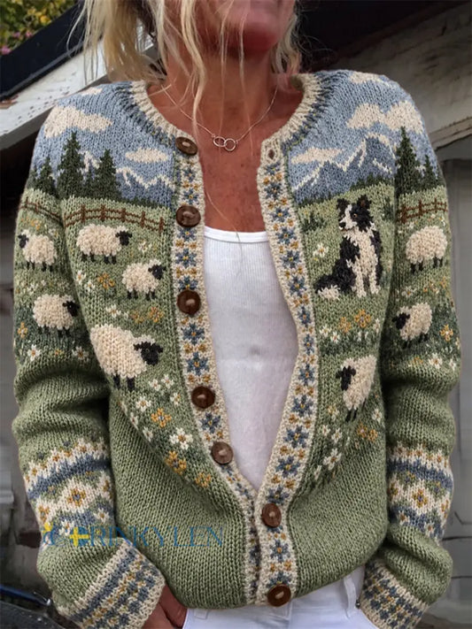 Kvinnlig vintage-kofta i stickat material med landskapsmönster av bordercollie och fluffiga får cardiganmodell - grönt
