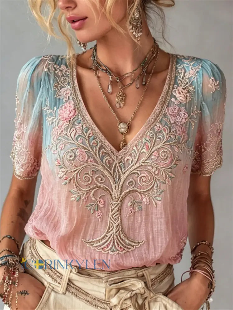 Kvinnlig vintage-linnet-shirt med Livets träd rosa blommönster och färggradient korta ärmar - ljusblåa / S
