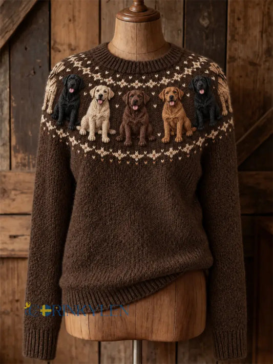 Kvinnlig vintage-luvtröja med Labradorhundar och Yoke Isle-mönster mysig rund halsringning - mörk brun / S