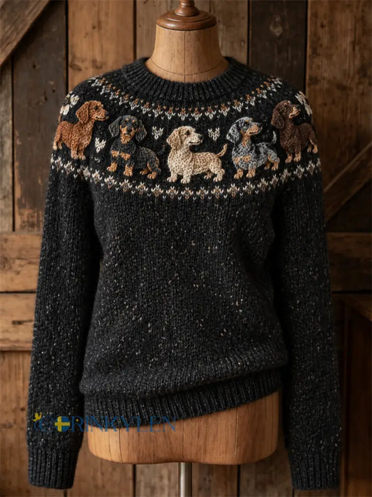 Kvinnlig vintage söt tröja med rund hals och tryck av taxhundar från Yoke Isle - svart / S