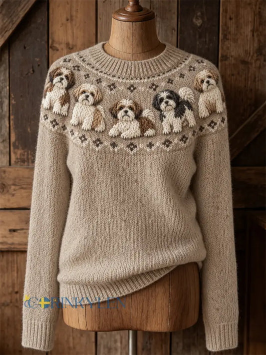 Kvinnlig vintage-tröja med tryck av Shih Tzu-hundar från Yoke Isle mysig tröja med rund halsringning - Khaki / S