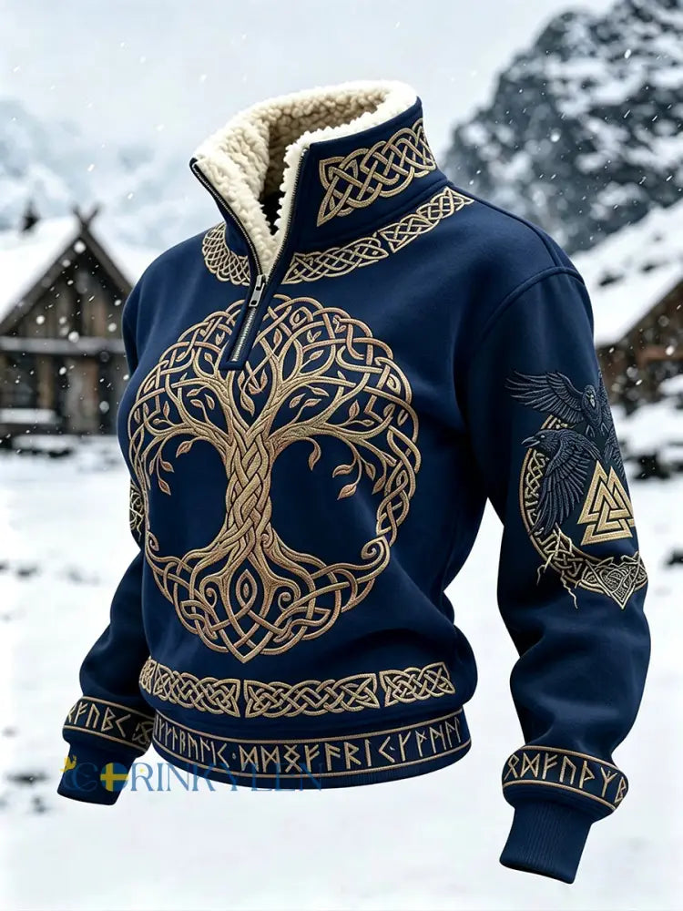 Kvinnlig vintage vikingaträd livets keltiskt tryckt topp med pälskrage - djupblåa / S