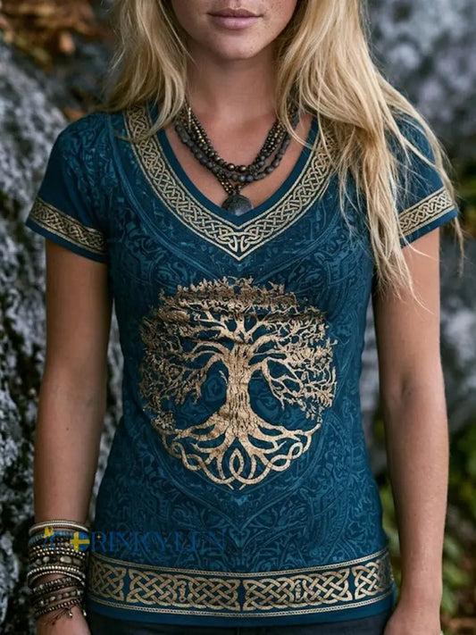 Kvinnlig vintage vikingaträd livets träd keltiskt mönster kortärmad t-shirt - blå / S