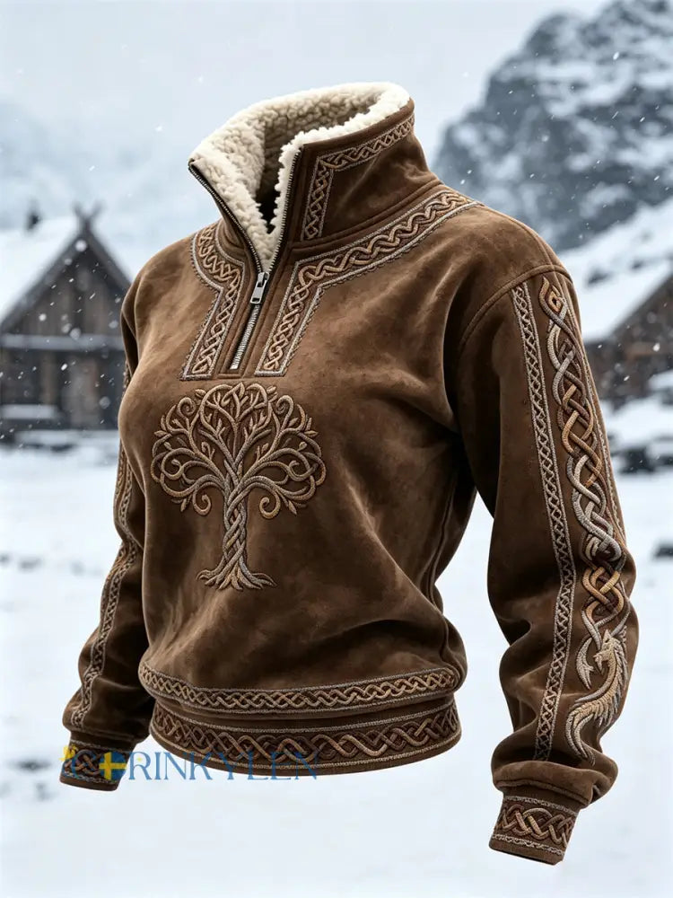 Kvinnlig vintage vikingisk Livets träd med keltiskt knutmönster mysig topp med pälskrage - brun / S