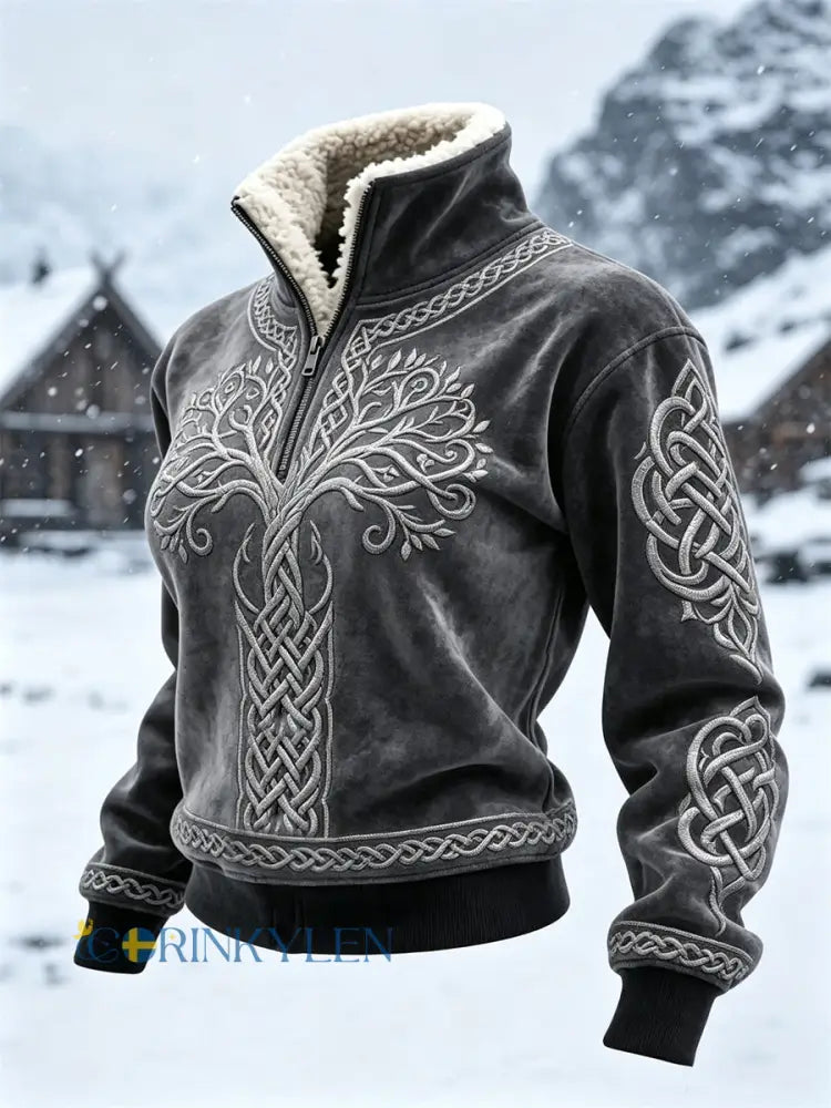 Kvinnlig vintage vikingisk Livets träd med keltiskt knutmönster mysig topp med pälskrage - mörk grå / S