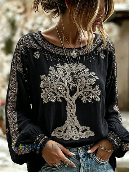 Kvinnlig vintage-vikingisk trälivsblus i bomull-linne med tryck - Black / S