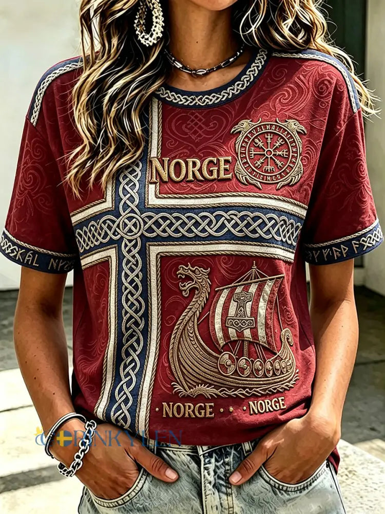 Kvinnlig vintagevikinginspirerad konst keltiskt tryck t-shirt med korta ärmar - djupröd / S