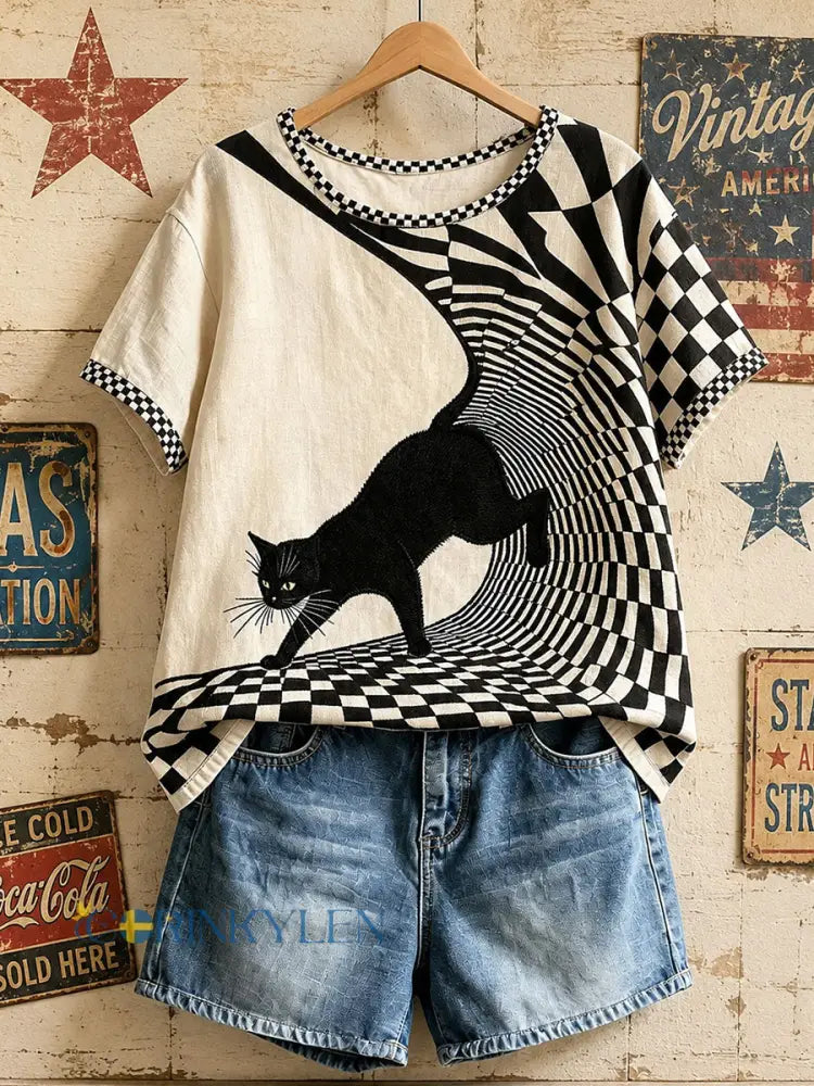 Kvinnliga amerikanska retro geometriska svarta kattöverdelar - Aprikot / S