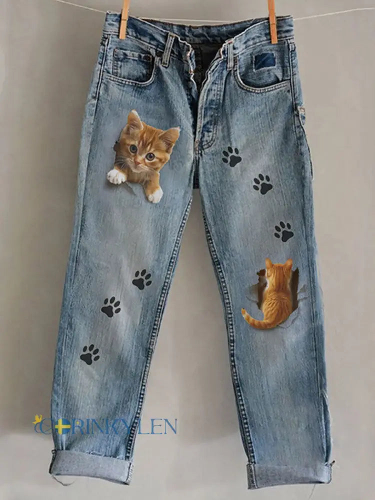 Kvinnliga kattkonsttryck avslappnade byxor - blå / S