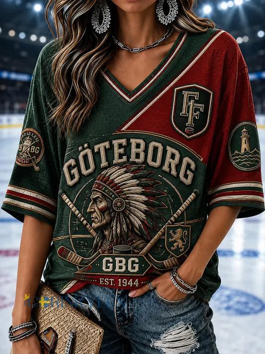 Kvinnor 1944 Göteborg Hockey Heritage Mönster Lin V-Hack Skjorta - A / S