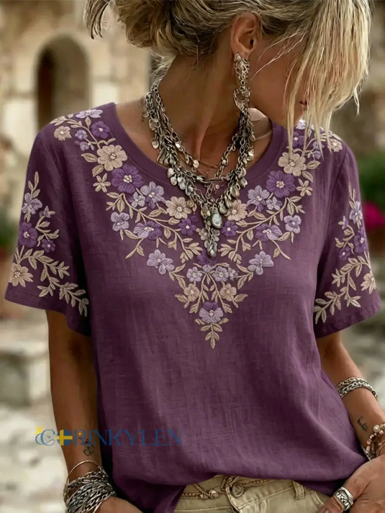 Kvinnor Alzheimers medvetenhet Floral Casual Short Slemmar Lin tröj - mörkt / S