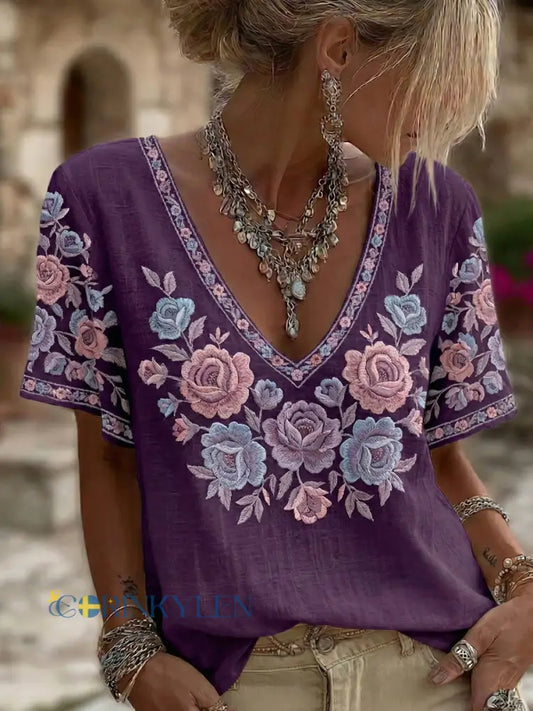 Kvinnor Alzheimers medvetenhet Floral Casual Short Slemmar V-hals skjjorta - djup purpura / S