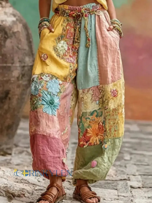 Kvinnor Bohemian Blomsterbroderi konst kontrast färg lin blandning Casual byxor - runk / S
