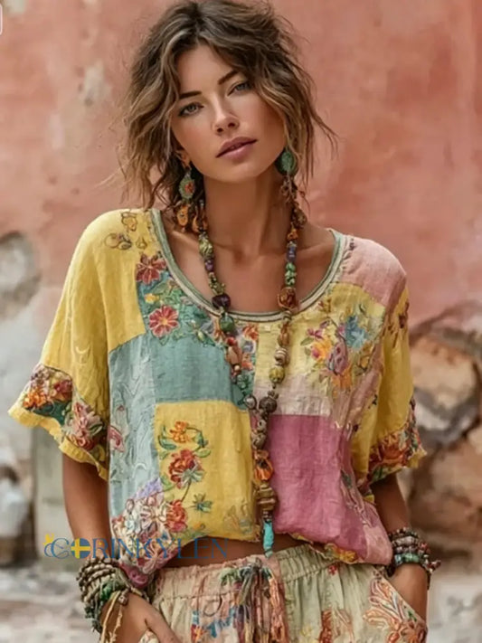 Kvinnor Bohemian Blomsterbroderi Patchwork Konst Round Hals Lin Bland T-shirt - runk / S