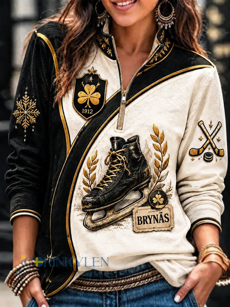 Kvinnor Brynäs IF Svensk Ishockey Patchwork Skriv ut Zip-Up Hoodie IF - vitt / S