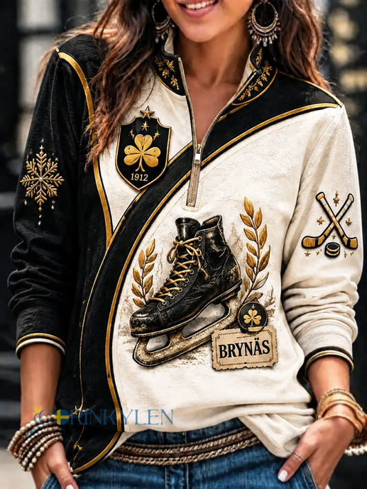 Kvinnor Brynäs IF Svensk Ishockey Patchwork Skriv ut Zip-Up Hoodie IF - vitt / S