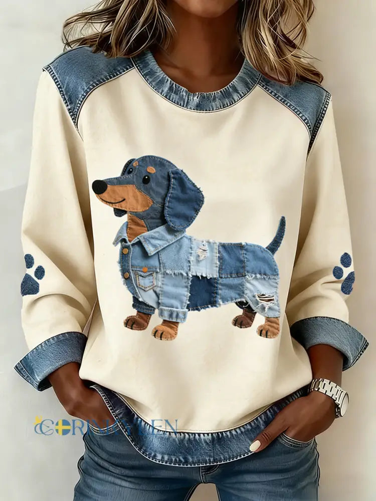 Kvinnor Dachhundd mönster Denim Patchwork konst sweathirt - aprikot / S