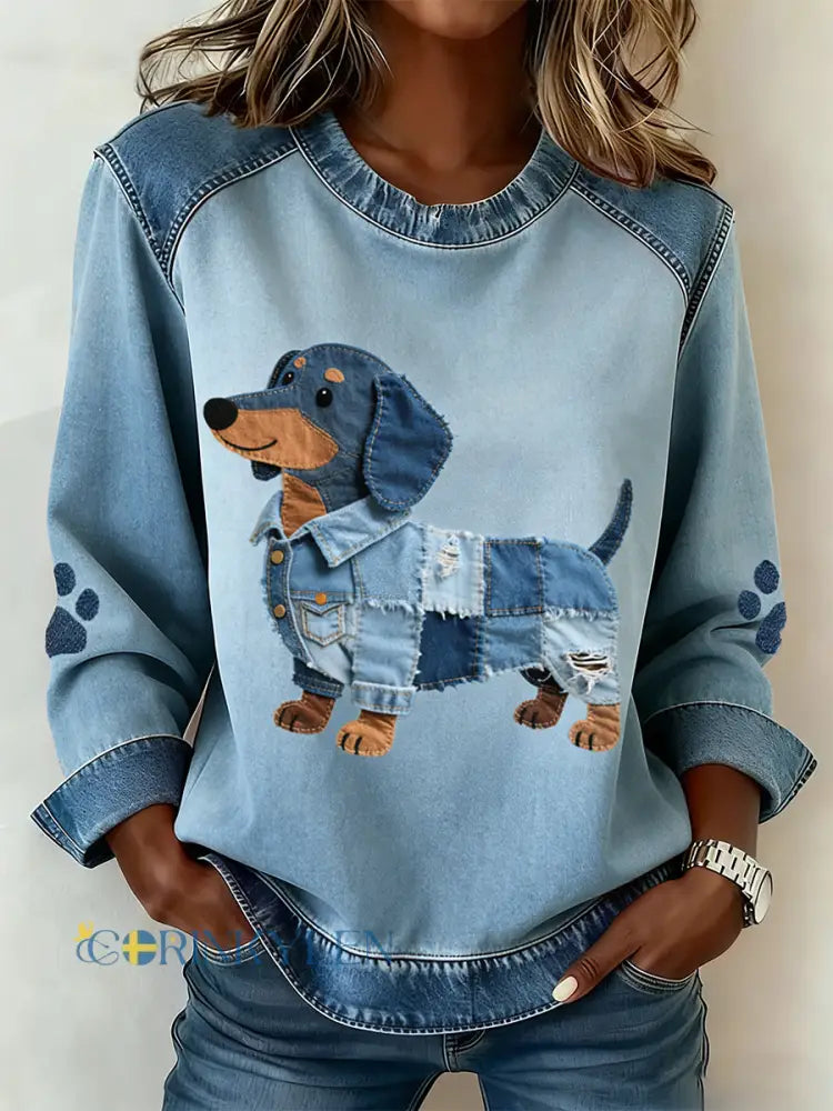 Kvinnor Dachhundd mönster Denim Patchwork konst sweathirt - blå / S