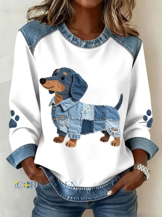 Kvinnor Dachhundd mönster Denim Patchwork konst sweathirt - vit / S
